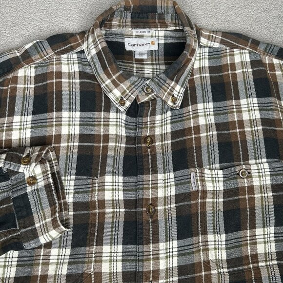 Carhartt Shirt Mens 2XL Brown Black Plaid Flannel Button Down Relaxed Fit Cotton - Picture 1 of 15